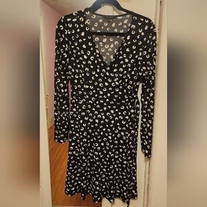 Faux Wrap Black and White Leopard Print Dress